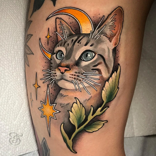 Big Neo Traditional Cat with Moon and Stars on Women Arm Tattoo by @travisbrucetattoos