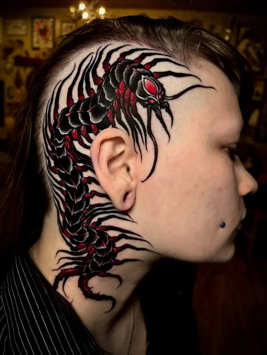 Big Neo Traditional Centipede Tattoo on Women Head by @jeffsaunderstattoo