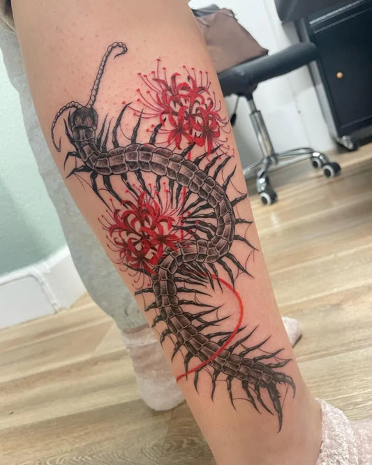 Big Neo Traditional Centipede and Red Spider Lilies Tattoo on Women Leg by @geedoes.art