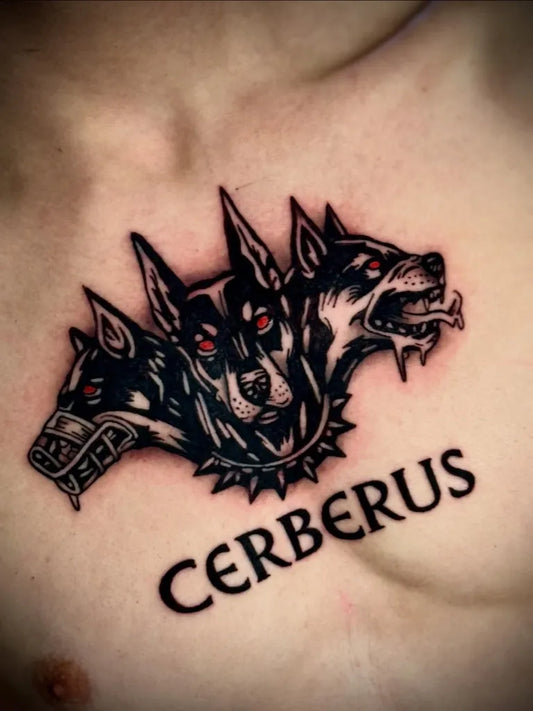 Big Neo Traditional Cerberus Three Headed Dog on Men Chest Tattoo by @lee_revink