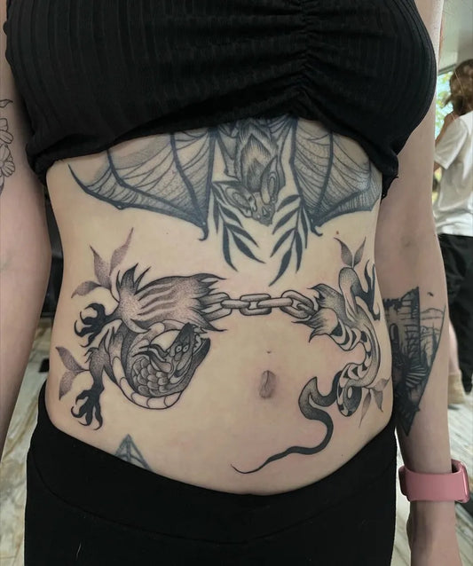 Big Neo Traditional Chained Dragons on Women Sternum Tattoo by @bekmurrell