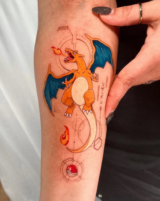 Big Neo Traditional Charizard Pokeball Tattoo on Women Arm by @gayagatto
