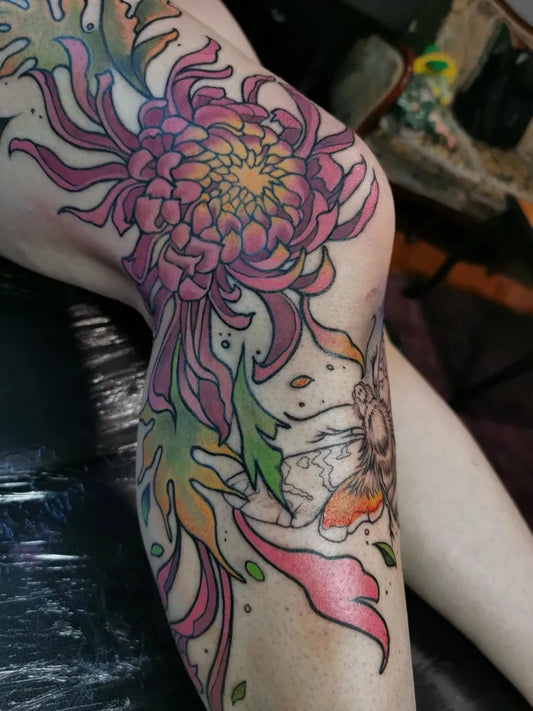 Big Neo Traditional Chrysanthemum Flower and Butterfly on Women Knee Tattoo by @zsuszi_darkworks