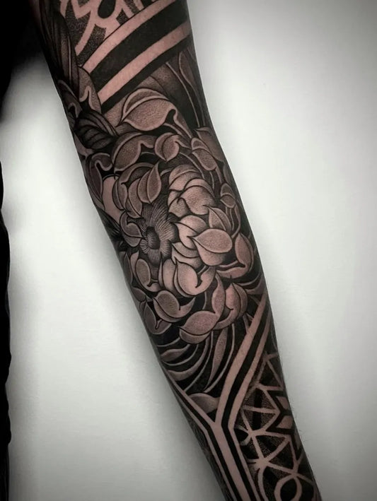 Big Neo Traditional Chrysanthemum and Geometric Men Arm Sleeve Tattoo by @t.inking