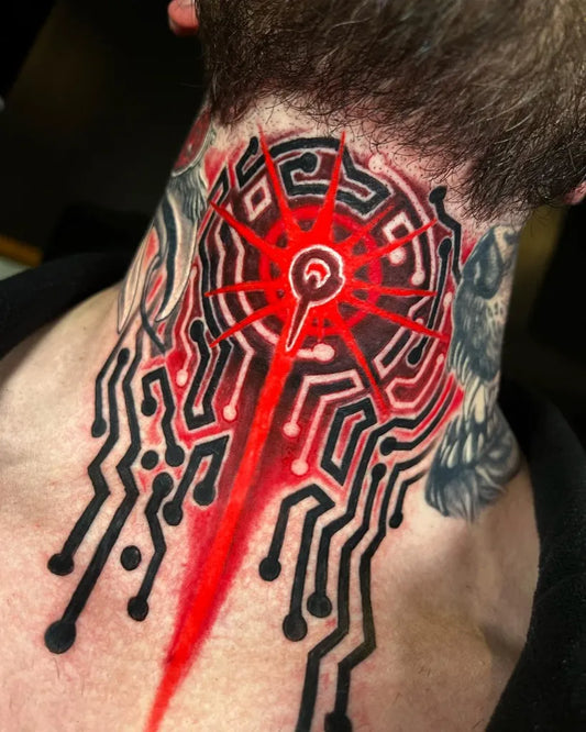 Big Neo Traditional Circuit Labrys Owl Tattoo on Men Throat by @tattoosbyjarred