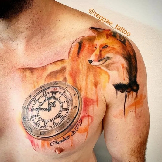 Big Neo Traditional Clock and Fox Tattoo on Men Shoulder by @tattooconnect