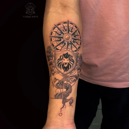 Big Neo Traditional Compass Lion Shield on Men Forearm Tattoo by @tribalinkdtattoo