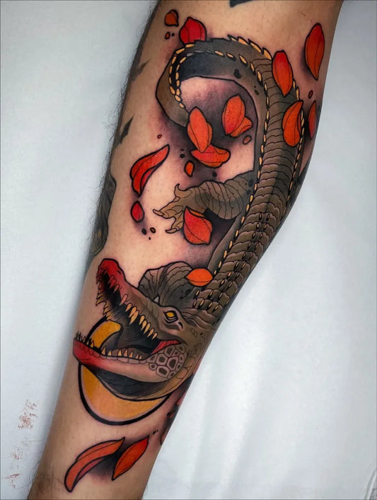 Big Neo Traditional Crocodile with Autumn Leaves and Moon on Men Arm Tattoo by @jonan.rod