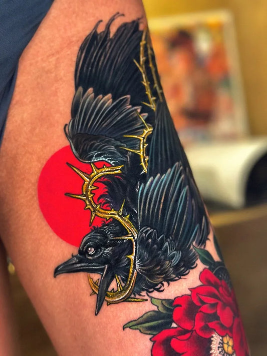 Big Neo Traditional Crow with Red Sun and Rose Tattoo on Women Thigh by @naddotattoo