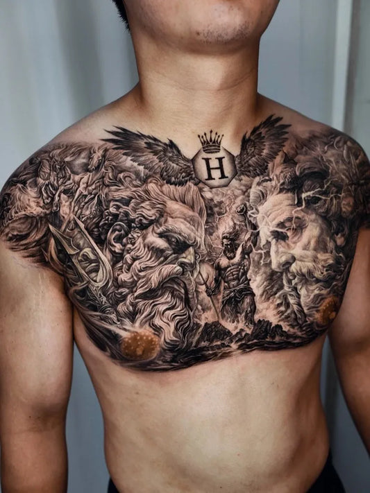 Big Neo Traditional Crowned Angel Wings on Men Chest Tattoo by @zo_gang_tattoo
