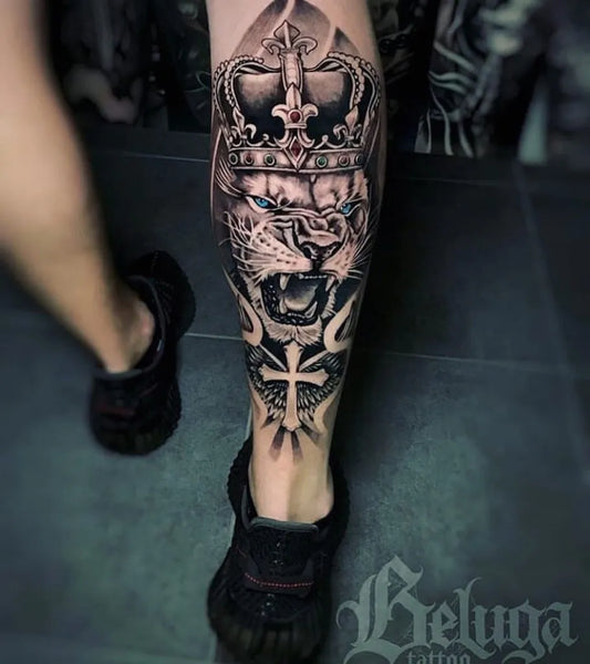 Big Neo Traditional Crowned Tiger Cross on Men Leg Tattoo by @tattootold
