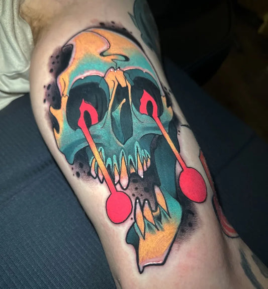 Big Neo Traditional Crying Skull with Flame Eyes on Men Arm Tattoo by @mid_weston
