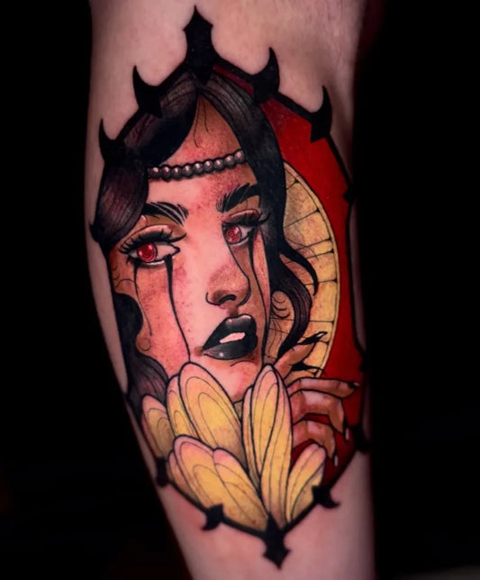 Big Neo Traditional Crying Woman with Clock and Flowers on Women Arm Tattoo by @dredsoull