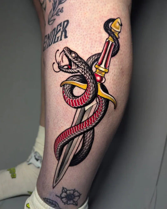 Big Neo Traditional Dagger Snake Tattoo on Men Leg by @jenn_thefleshfiend
