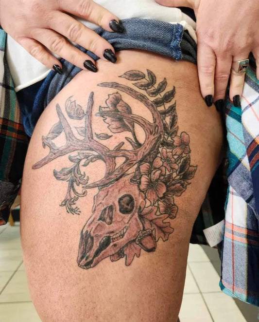 Big Neo Traditional Deer Skull Ferns Flowers on Women Thigh Tattoo by @4runnerobsessedmama
