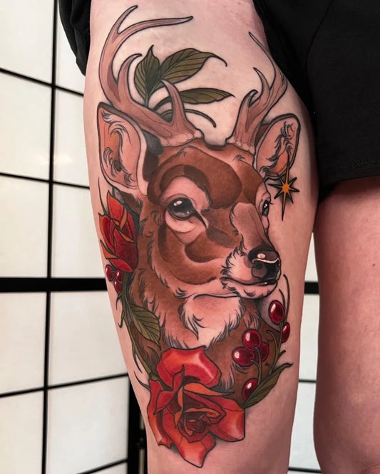 Big Neo Traditional Deer and Roses Tattoo on Women Thigh by @am.tattoos