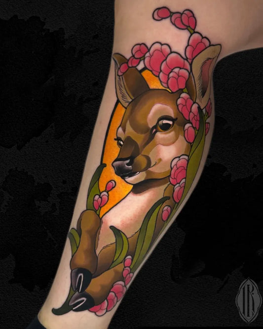 Big Neo Traditional Deer with Flowers on Women Thigh Tattoo by @lukaskaytattoo