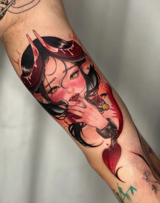 Big Neo Traditional Demon Girl with Heart on Men Arm Tattoo by @bagxmtt