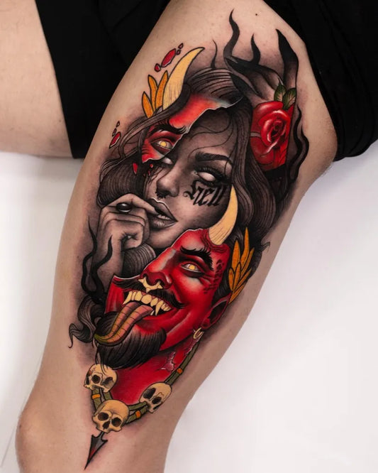Big Neo Traditional Demon Woman with Skulls on Women Thigh Tattoo by @vivianacalvotattoo