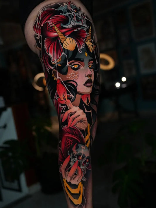 Big Neo Traditional Demoness with Koi and Skull on Women Thigh Tattoo by @camilo.osorio.tattoos