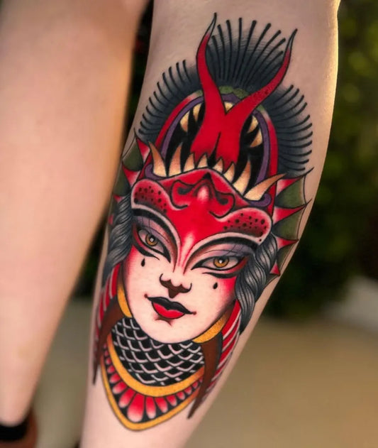 Big Neo Traditional Demonic Mask on Women Thigh Tattoo by @xnervx