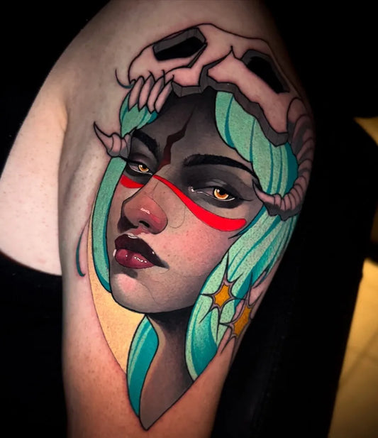 Big Neo Traditional Demonic Woman with Skull Mask on Women Arm Tattoo by @bvnks.__