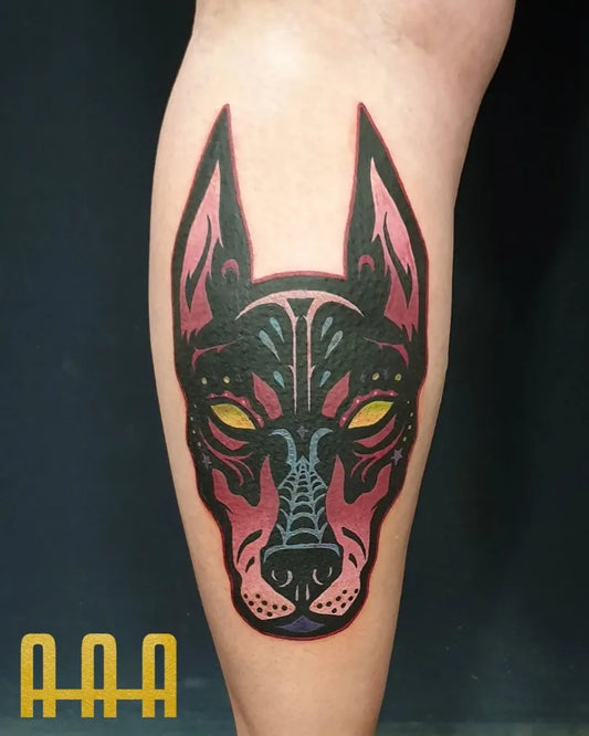 Big Neo Traditional Doberman Face Tattoo on Women Calf by @aykanaktastattoo
