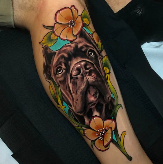 Big Neo Traditional Dog and Flowers on Men Leg Tattoo by @coreyryantattoo