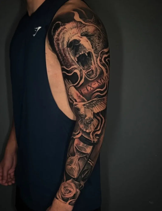 Big Neo Traditional Dragon Eagle Hourglass on Men Arm Tattoo by @thore.tattoos