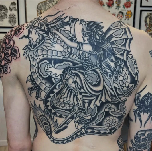 Big Neo Traditional Dragon Valkyrie on Men Back Tattoo by @lafonderietattooparlour