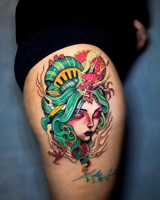 Big Neo Traditional Dragon Woman on Thigh Tattoo by @heartlezz.kennred
