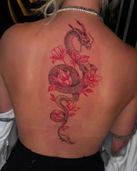 Big Neo Traditional Dragon and Lotus on Women Back Tattoo by @kingkongtattoobali