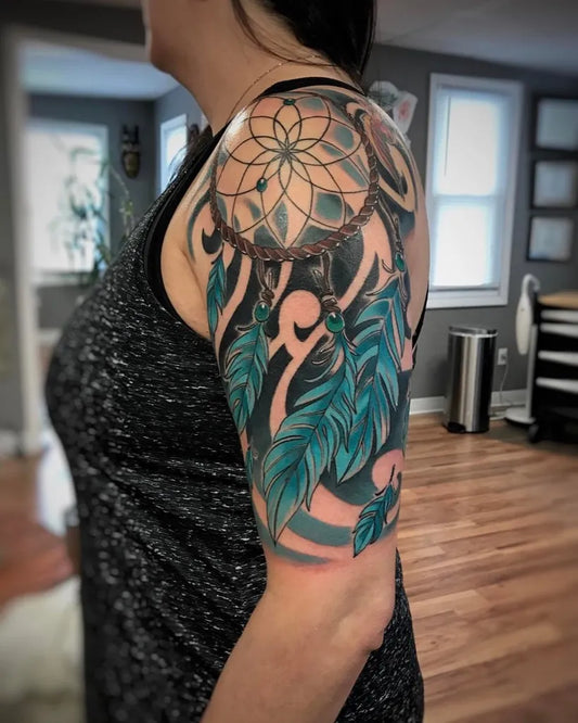Big Neo Traditional Dream Catcher Feathers Tattoo on Women Shoulder by @derekhutchison