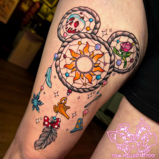 Big Neo Traditional Dream Catcher Mickey Mouse Cinderella Tattoo on Women Arm by @tinkmillertattoo