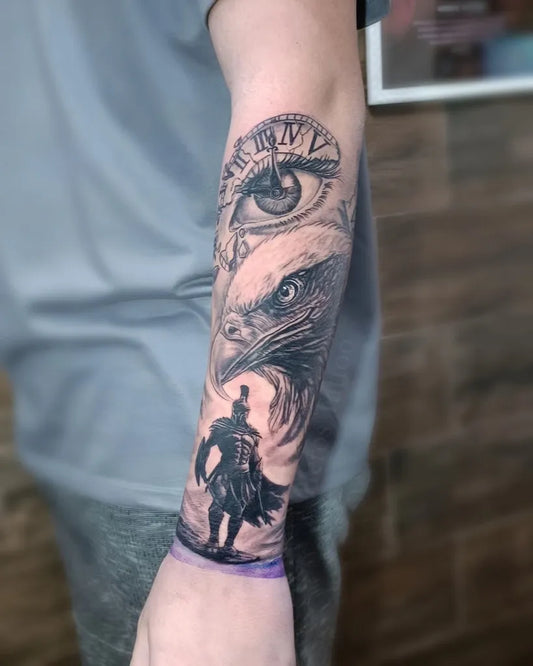 Big Neo Traditional Eagle Eye Knight on Men Arm Tattoo by @herostattoo