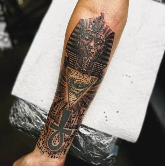 Big Neo Traditional Egyptian Pyramid Pharaoh Eye on Men Forearm Tattoo by @mros3s