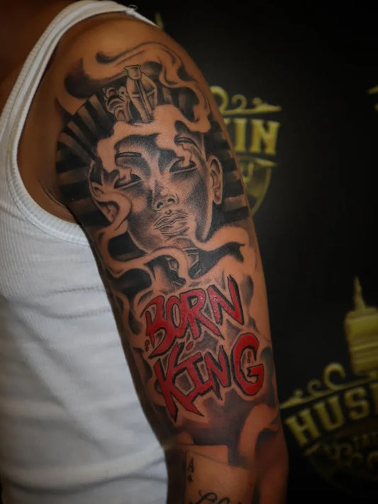 Big Neo Traditional Egyptian Queen Born King on Men Arm Tattoo by @huseyin_tattoos