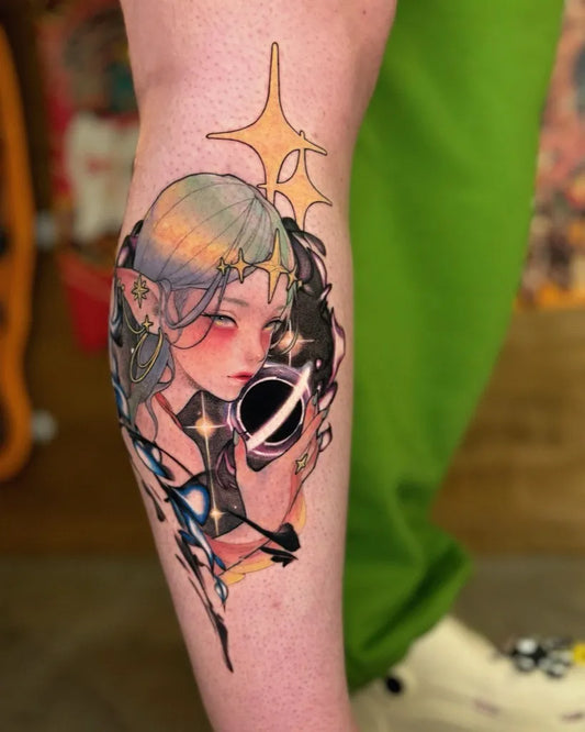 Big Neo Traditional Elf with Black Hole on Women Thigh Tattoo by @bagxmtt