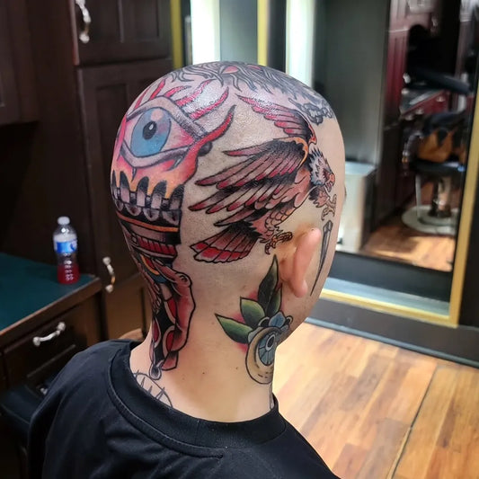 Big Neo Traditional Eye Eagle Skull Tattoo on Men Head by @tattoolenny
