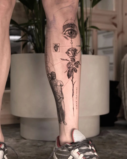Big Neo Traditional Eye Rose Marionette on Men Leg Tattoo by @loistacke.tattoo
