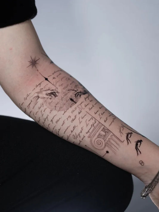 Big Neo Traditional Eyes Writing Birds on Women Arm Sleeve Tattoo by @didemink