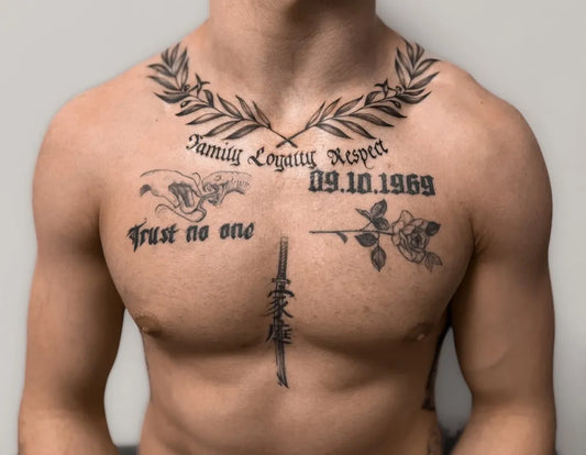 Big Neo Traditional Family Loyalty Quote on Men Chest Tattoo by @karinabyrska_tattoo