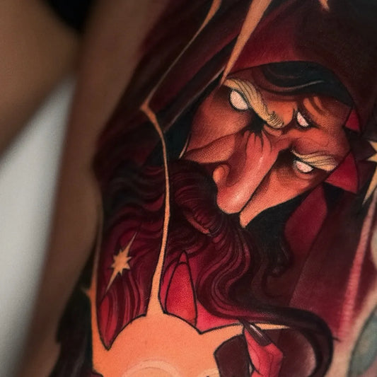 Big Neo Traditional Fiery Hooded Demon on Men Arm Tattoo by @tonyxfaith