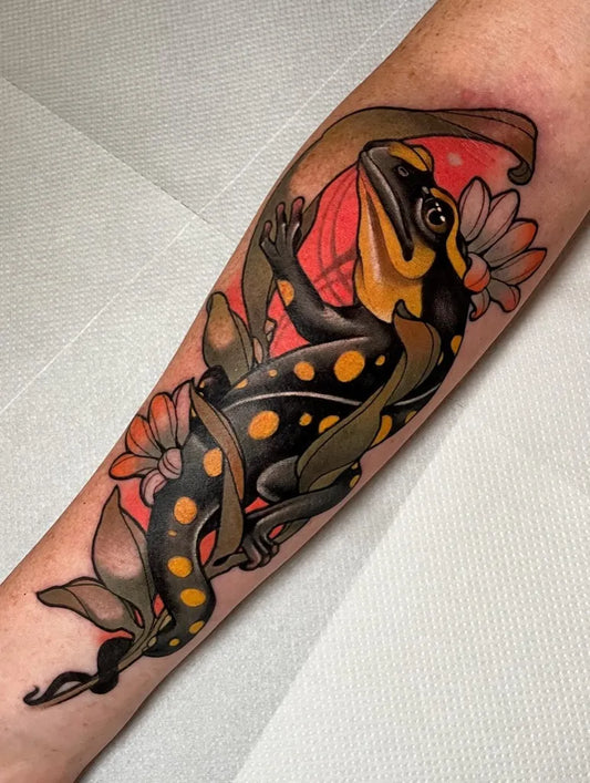 Big Neo Traditional Fire Salamander with Leaves and Flowers on Women Arm Tattoo by @lastytattooer