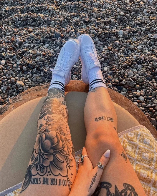 Big Neo Traditional Floral Sleeve on Women Leg Tattoo by @special_tatts