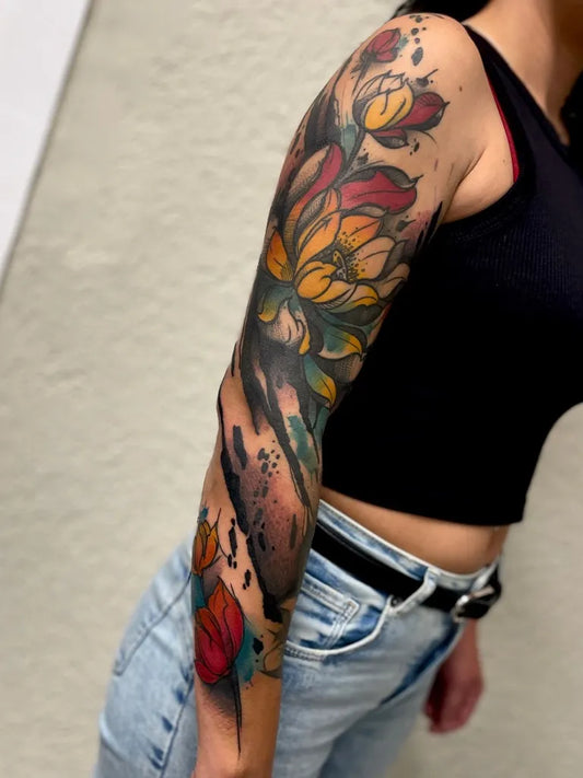 Big Neo Traditional Flowers on Women Arm Sleeve Tattoo by @livetwotattoo