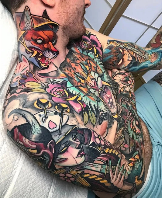 Big Neo Traditional Fox Geisha on Men Torso Tattoo by @neotraditionaleurope