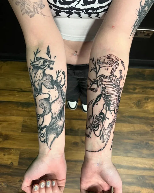 Big Neo Traditional Fox Skeleton Wolf on Women Forearm Tattoo by @brendy_boy_tattoos