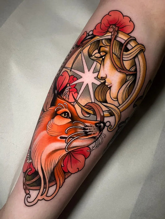Big Neo Traditional Fox Woman and Moon on Women Leg Tattoo by @lastytattooer