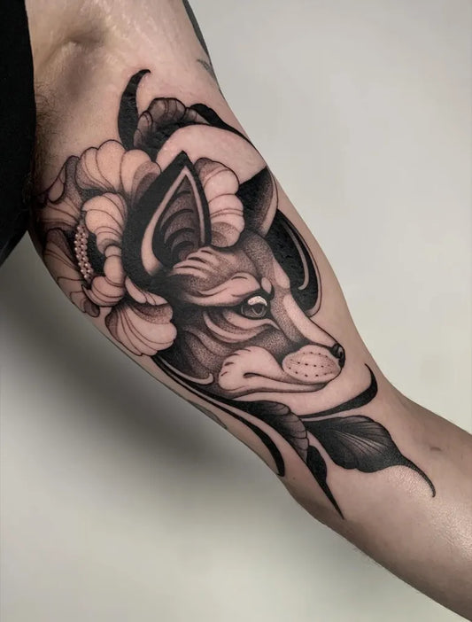 Big Neo Traditional Fox and Peony on Men Upper Arm Tattoo by @mollyissketchy